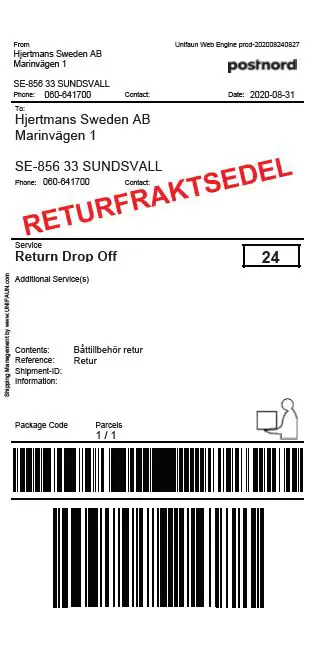 Returfraktsedel Parcel Företagspaket 0-20kg